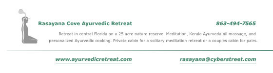 Retreat in central Florida on a 25 acre nature reserve. Meditation, Kerala Ayurveda oil massage, and personalized Ayurvedic cooking. Private cabin for a solitary meditation retreat or a couples cabin for pairs.